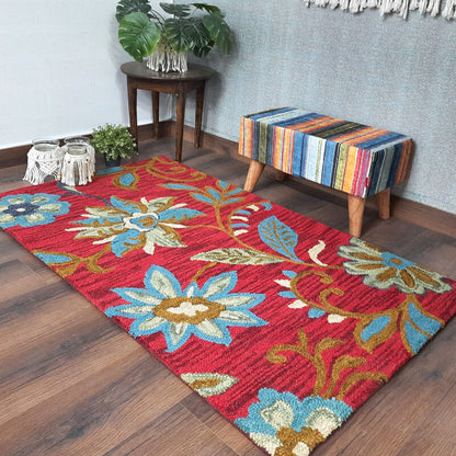 Wool Floral Beautiful Hand Tufted Red Blue Carpet | Loop Pile | Avioni -90cm x 150cm (~3×5 Feet)