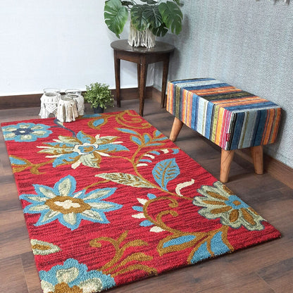 Wool Floral Beautiful Hand Tufted Red Blue Carpet | Loop Pile | Avioni -90cm x 150cm (~3×5 Feet)