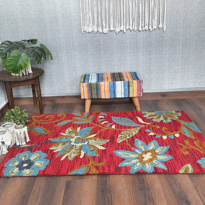 Wool Floral Beautiful Hand Tufted Red Blue Carpet | Loop Pile | Avioni -90cm x 150cm (~3×5 Feet)