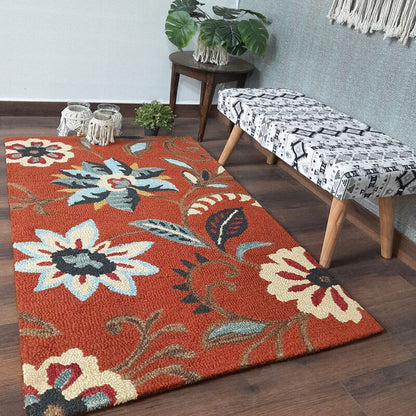 Wool Floral Beautiful Hand Tufted Brown Carpet | Loop Pile | Avioni -90cm x 150cm (~3×5 Feet)