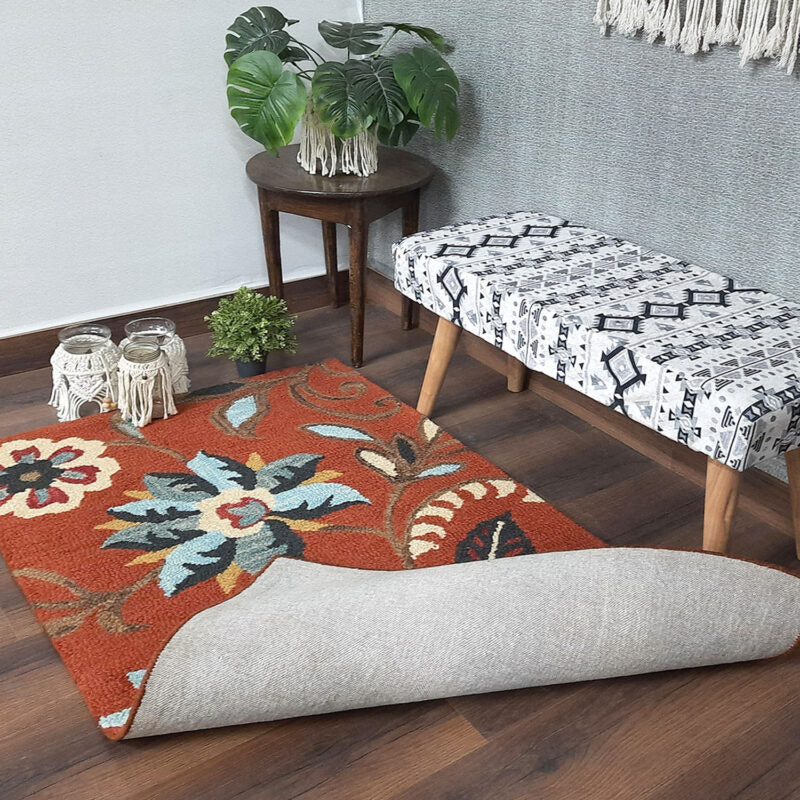 Wool Floral Beautiful Hand Tufted Brown Carpet | Loop Pile | Avioni -90cm x 150cm (~3×5 Feet)