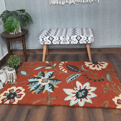 Wool Floral Beautiful Hand Tufted Brown Carpet | Loop Pile | Avioni -90cm x 150cm (~3×5 Feet)