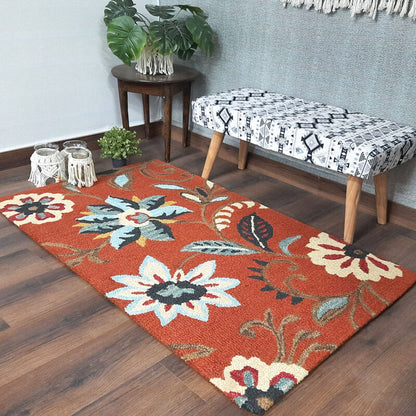 Wool Floral Beautiful Hand Tufted Brown Carpet | Loop Pile | Avioni -90cm x 150cm (~3×5 Feet)