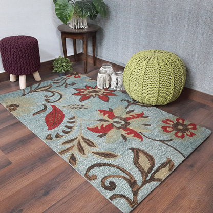 Wool Floral Beautiful Hand Tufted Carpet | Loop Pile | Avioni -90cm x 150cm (~3×5 Feet)