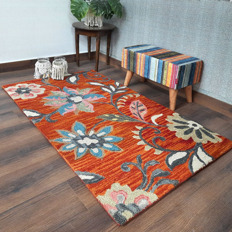 Wool Floral Beautiful Brown Hand Tufted Carpet | Loop Pile Rug | Avioni -90cm x 150cm (~3×5 Feet)