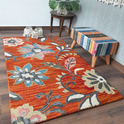 Wool Floral Beautiful Brown Hand Tufted Carpet | Loop Pile Rug | Avioni -90cm x 150cm (~3×5 Feet)