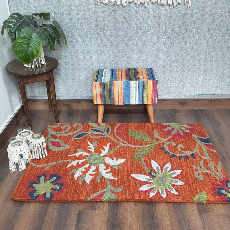 Wool Floral Beautiful Hand Tufted Carpet | Loop Pile Rug | Avioni -90cm x 150cm (~3×5 Feet)