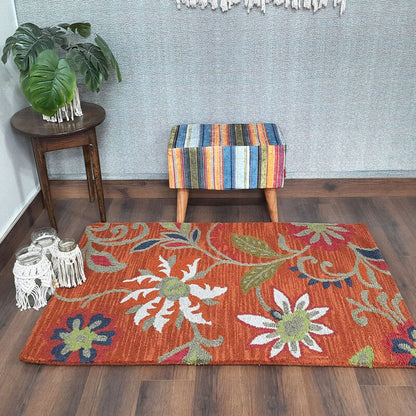 Wool Floral Beautiful Hand Tufted Carpet | Loop Pile Rug | Avioni -90cm x 150cm (~3×5 Feet)