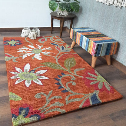 Wool Floral Beautiful Hand Tufted Carpet | Loop Pile Rug | Avioni -90cm x 150cm (~3×5 Feet)