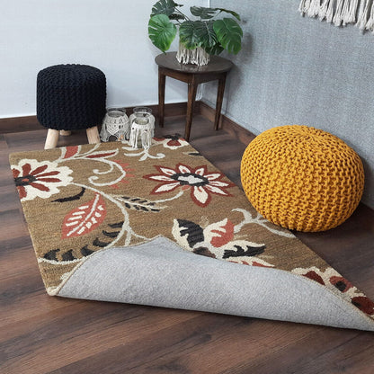 Wool Floral Beautiful Hand Tufted Carpet | Brown Loop Pile Rug | Avioni -90cm x 150cm (~3×5 Feet)