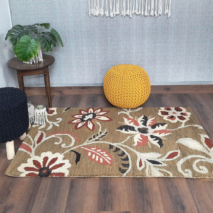 Wool Floral Beautiful Hand Tufted Carpet | Brown Loop Pile Rug | Avioni -90cm x 150cm (~3×5 Feet)