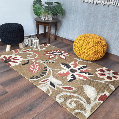 Wool Floral Beautiful Hand Tufted Carpet | Brown Loop Pile Rug | Avioni -90cm x 150cm (~3×5 Feet)