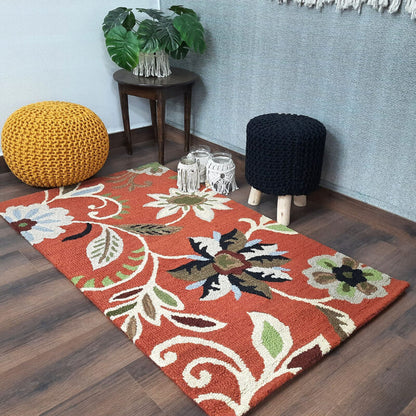 Wool Floral Beautiful Hand Tufted Carpet | Loop Pile Rug | Avioni -90cm x 150cm (~3×5 Feet)