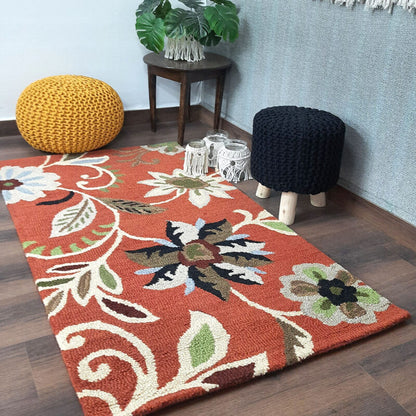 Wool Floral Beautiful Hand Tufted Carpet | Loop Pile Rug | Avioni -90cm x 150cm (~3×5 Feet)