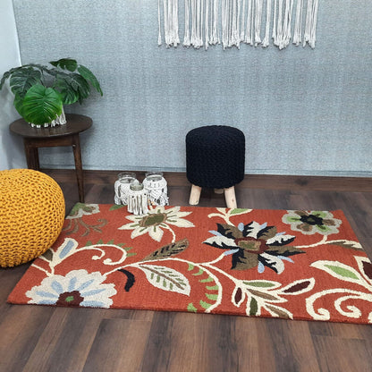 Wool Floral Beautiful Hand Tufted Carpet | Loop Pile Rug | Avioni -90cm x 150cm (~3×5 Feet)