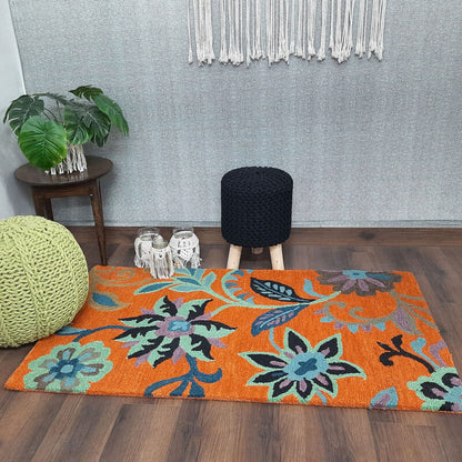 Wool Floral Beautiful Hand Tufted Orange Carpet | Loop Pile Rug | Avioni -90cm x 150cm (~3×5 Feet)