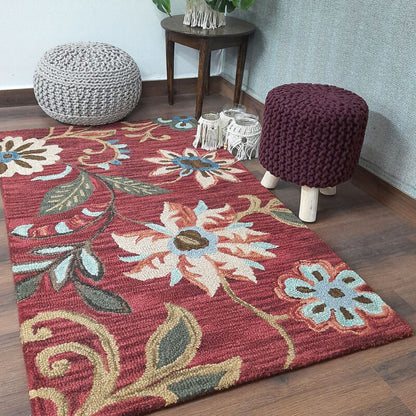 Wool Floral Beautiful Hand Tufted Carpet | Loop Pile Rug | Avioni -90cm x 150cm (~3×5 Feet)