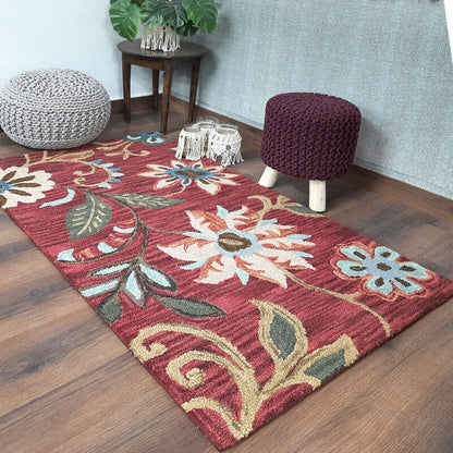 Wool Floral Beautiful Hand Tufted Carpet | Loop Pile Rug | Avioni -90cm x 150cm (~3×5 Feet)