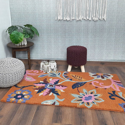 Wool Floral Beautiful Hand Tufted Carpet | Orange Loop Pile Rug | Avioni -90cm x 150cm (~3×5 Feet)