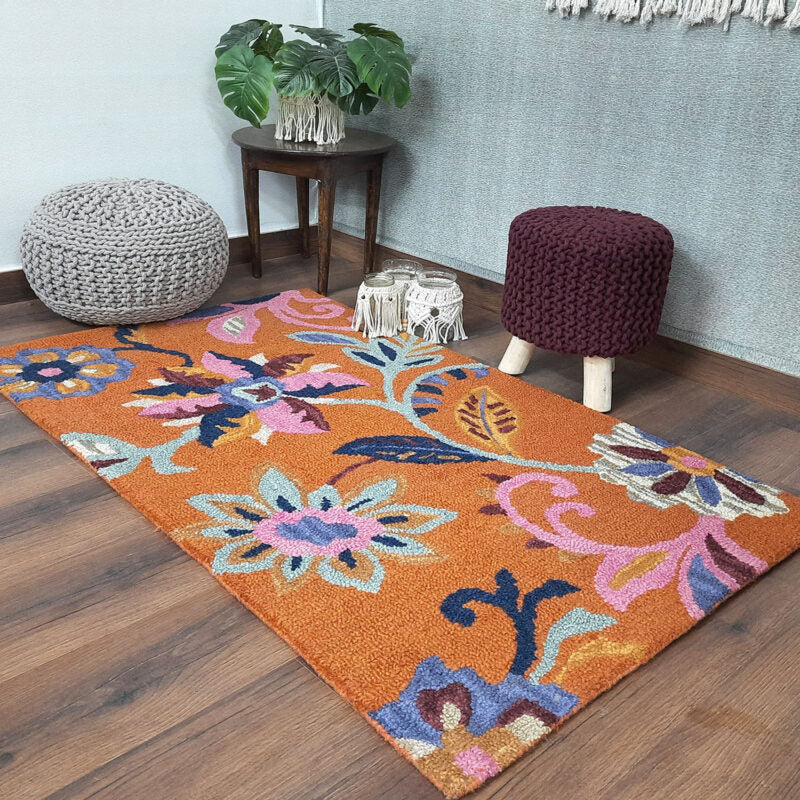 Wool Floral Beautiful Hand Tufted Carpet | Orange Loop Pile Rug | Avioni -90cm x 150cm (~3×5 Feet)