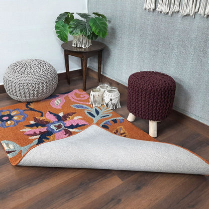 Wool Floral Beautiful Hand Tufted Carpet | Orange Loop Pile Rug | Avioni -90cm x 150cm (~3×5 Feet)