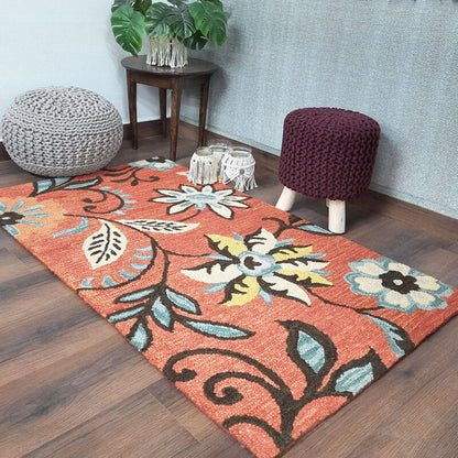 Wool Floral Beautiful Hand Tufted Carpet | Loop Pile Rug | Avioni -90cm x 150cm (~3×5 Feet)