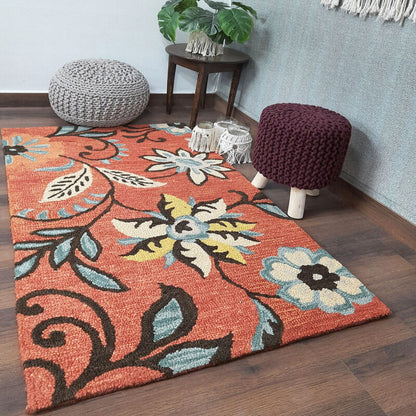 Wool Floral Beautiful Hand Tufted Carpet | Loop Pile Rug | Avioni -90cm x 150cm (~3×5 Feet)