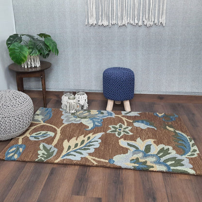 Wool Floral Beautiful Hand Tufted Carpet | Brown Loop Pile Rug | Avioni -90cm x 150cm (~3×5 Feet)