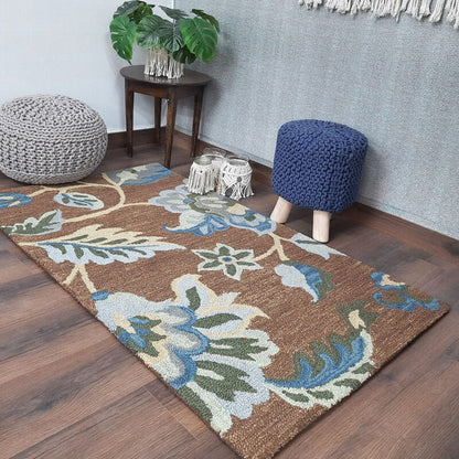 Wool Floral Beautiful Hand Tufted Carpet | Brown Loop Pile Rug | Avioni -90cm x 150cm (~3×5 Feet)