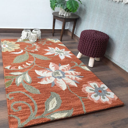 Wool Floral Beautiful Hand Tufted Brown Carpet | Loop Pile Rug | Avioni -90cm x 150cm (~3×5 Feet)