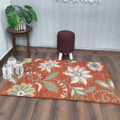 Wool Floral Beautiful Hand Tufted Brown Carpet | Loop Pile Rug | Avioni -90cm x 150cm (~3×5 Feet)