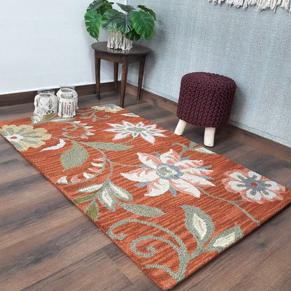 Wool Floral Beautiful Hand Tufted Brown Carpet | Loop Pile Rug | Avioni -90cm x 150cm (~3×5 Feet)