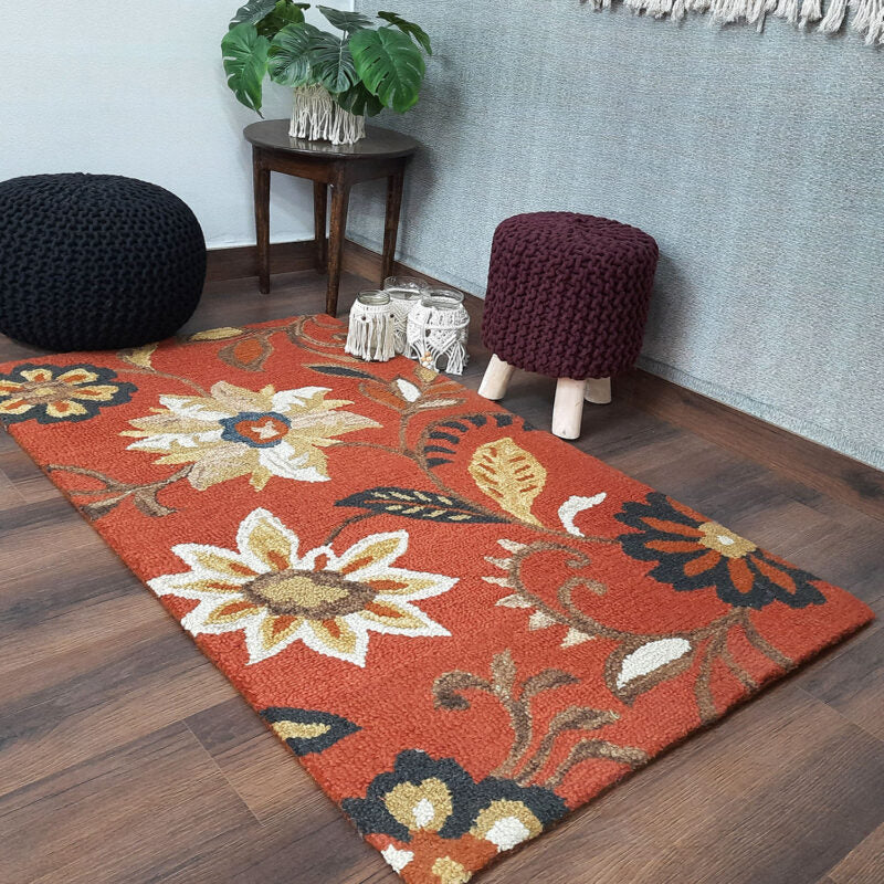 Wool Floral Beautiful Hand Tufted Brown Carpet | Loop Pile Rug | Avioni -90cm x 150cm (~3×5 Feet)