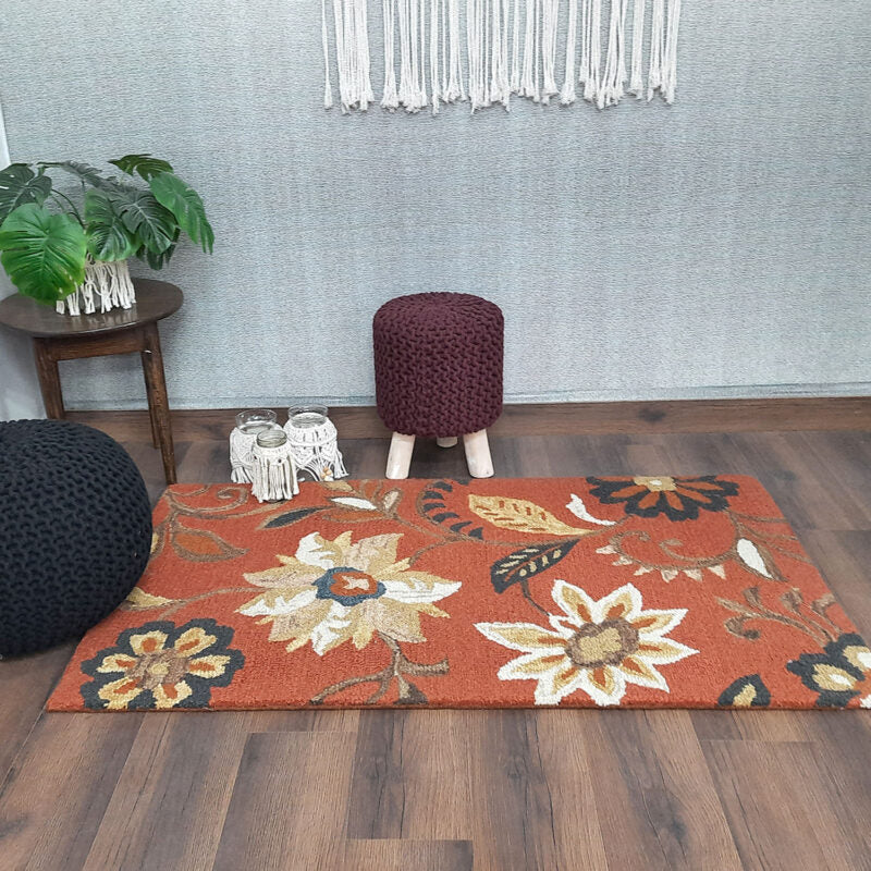 Wool Floral Beautiful Hand Tufted Brown Carpet | Loop Pile Rug | Avioni -90cm x 150cm (~3×5 Feet)