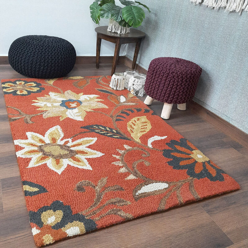 Wool Floral Beautiful Hand Tufted Brown Carpet | Loop Pile Rug | Avioni -90cm x 150cm (~3×5 Feet)