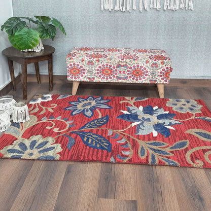 Wool Floral Beautiful Red Tone Hand Tufted Carpet | Loop Pile Rug | Avioni -90cm x 150cm (~3×5 Feet)