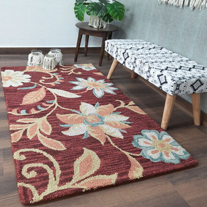 Wool Floral Beautiful Brown Tone Hand Tufted Carpet | Loop Pile Rug | Avioni -90cm x 150cm (~3×5 Feet)