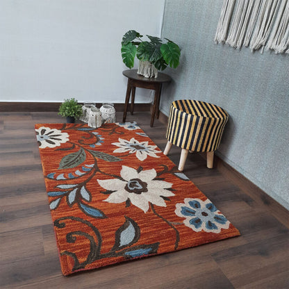 Wool Floral Beautiful Hand Tufted Brown Tone Carpet | Loop Pile Rug | Avioni -90cm x 150cm (~3×5 Feet)