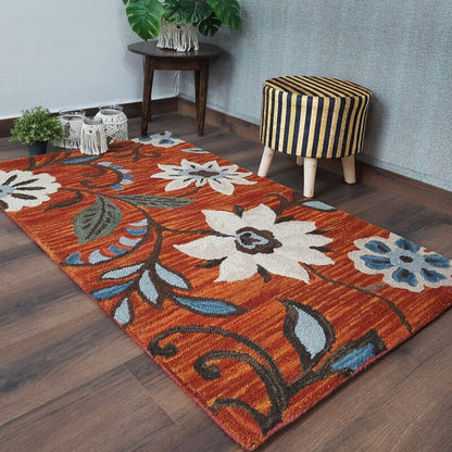 Wool Floral Beautiful Hand Tufted Brown Tone Carpet | Loop Pile Rug | Avioni -90cm x 150cm (~3×5 Feet)