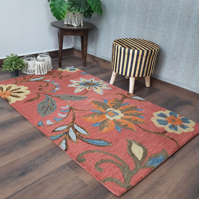 Wool Floral Beautiful Hand Tufted Brown Tone Carpet | Loop Pile Rug | Avioni -90cm x 150cm (~3×5 Feet)