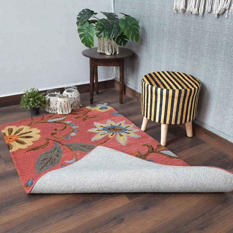 Wool Floral Beautiful Hand Tufted Brown Tone Carpet | Loop Pile Rug | Avioni -90cm x 150cm (~3×5 Feet)