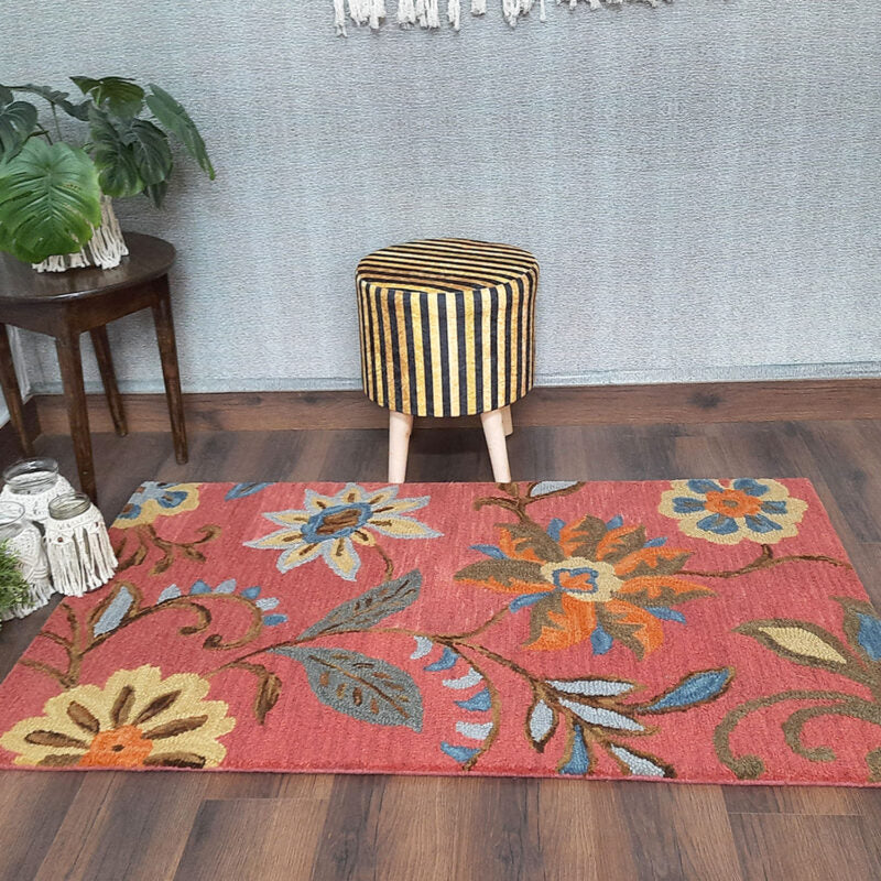 Wool Floral Beautiful Hand Tufted Brown Tone Carpet | Loop Pile Rug | Avioni -90cm x 150cm (~3×5 Feet)