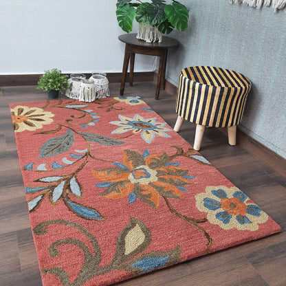 Wool Floral Beautiful Hand Tufted Brown Tone Carpet | Loop Pile Rug | Avioni -90cm x 150cm (~3×5 Feet)