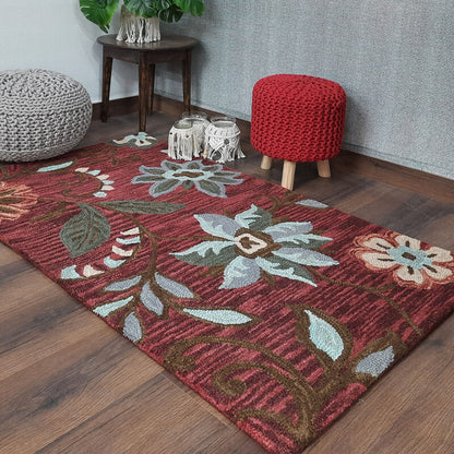 Wool Hand Tufted Beautiful Floral Carpet | Loop Pile | Avioni -90cm x 150cm (~3×5 Feet)