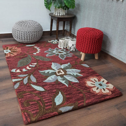 Wool Hand Tufted Beautiful Floral Carpet | Loop Pile | Avioni -90cm x 150cm (~3×5 Feet)