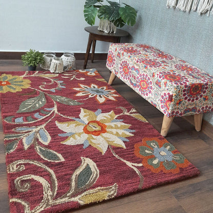 Wool Floral Beautiful Hand Tufted Carpet | Loop Pile Rug | Avioni -90cm x 150cm (~3×5 Feet)