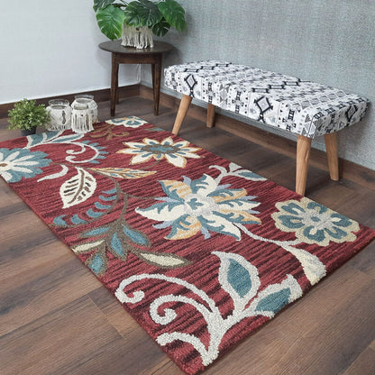 Wool Floral Hand Tufted Beautiful Carpet | Loop Pile Rug | Avioni -90cm x 150cm (~3×5 Feet)