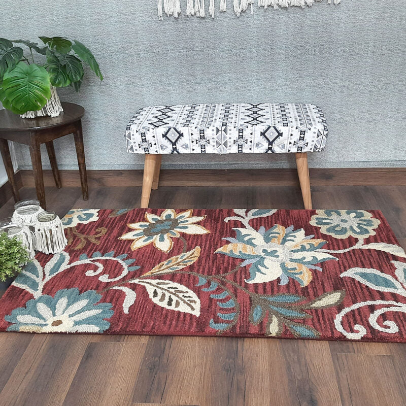 Wool Floral Hand Tufted Beautiful Carpet | Loop Pile Rug | Avioni -90cm x 150cm (~3×5 Feet)