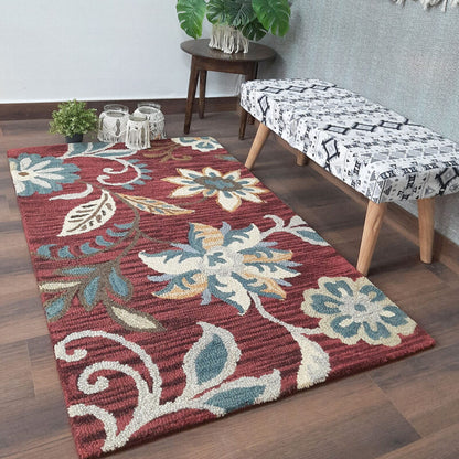 Wool Floral Hand Tufted Beautiful Carpet | Loop Pile Rug | Avioni -90cm x 150cm (~3×5 Feet)