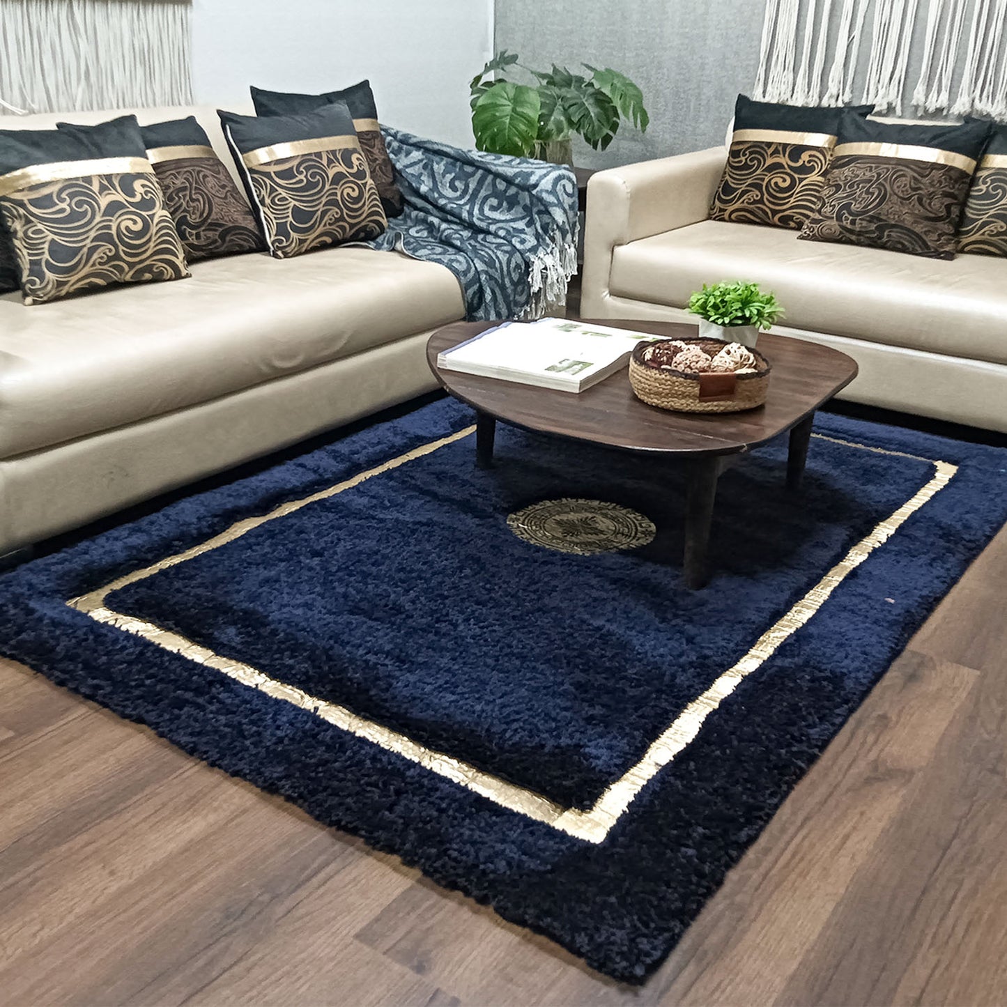 Avioni Divine Collection | Luxury Golden Touch With Blue Shag Soft And Plush Handmade Living Room Rugs | Different Sizes | Carpet for Living Room